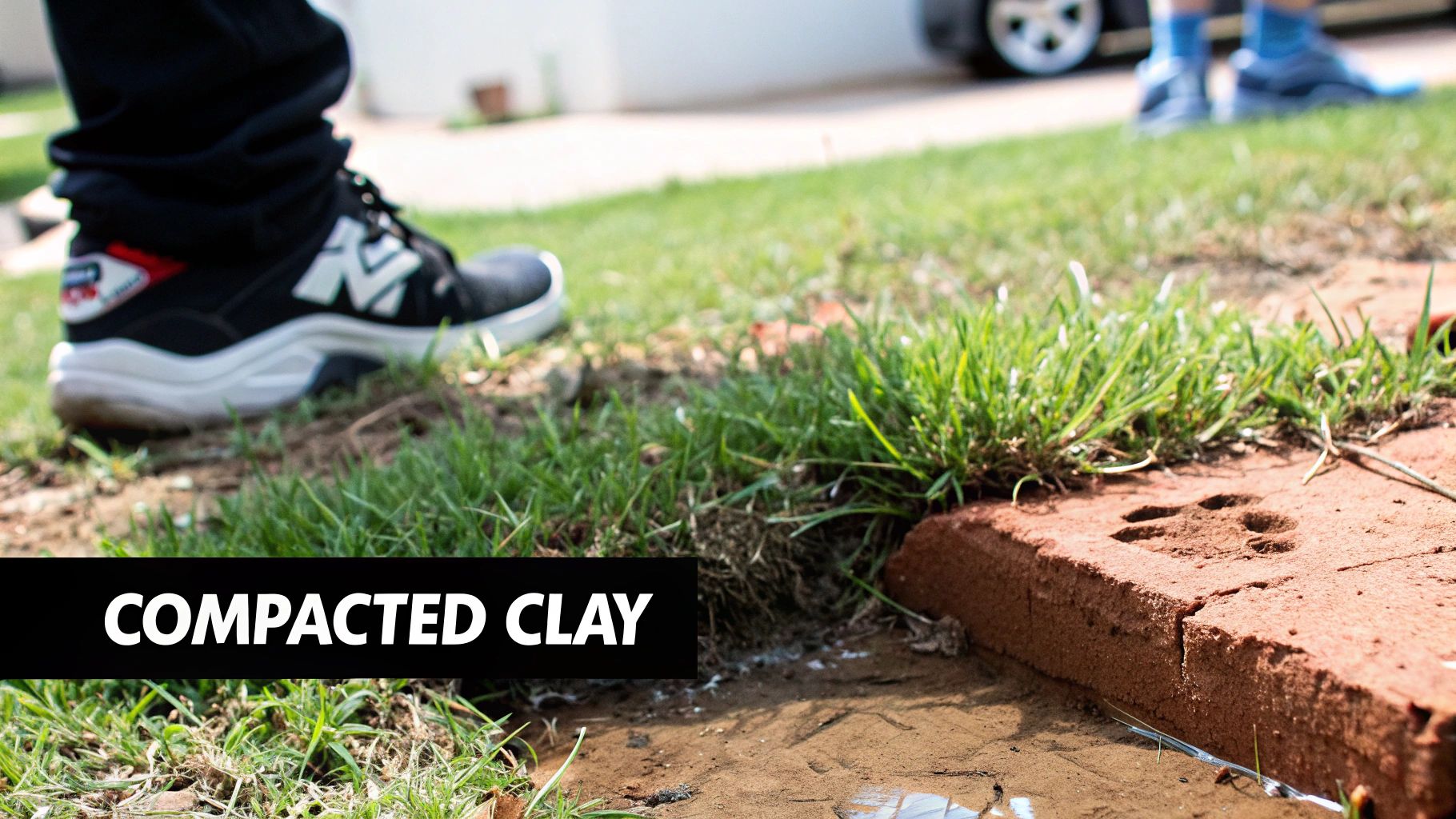 A person's foot on grass next to compacted clay soil with a brick and paw prints.