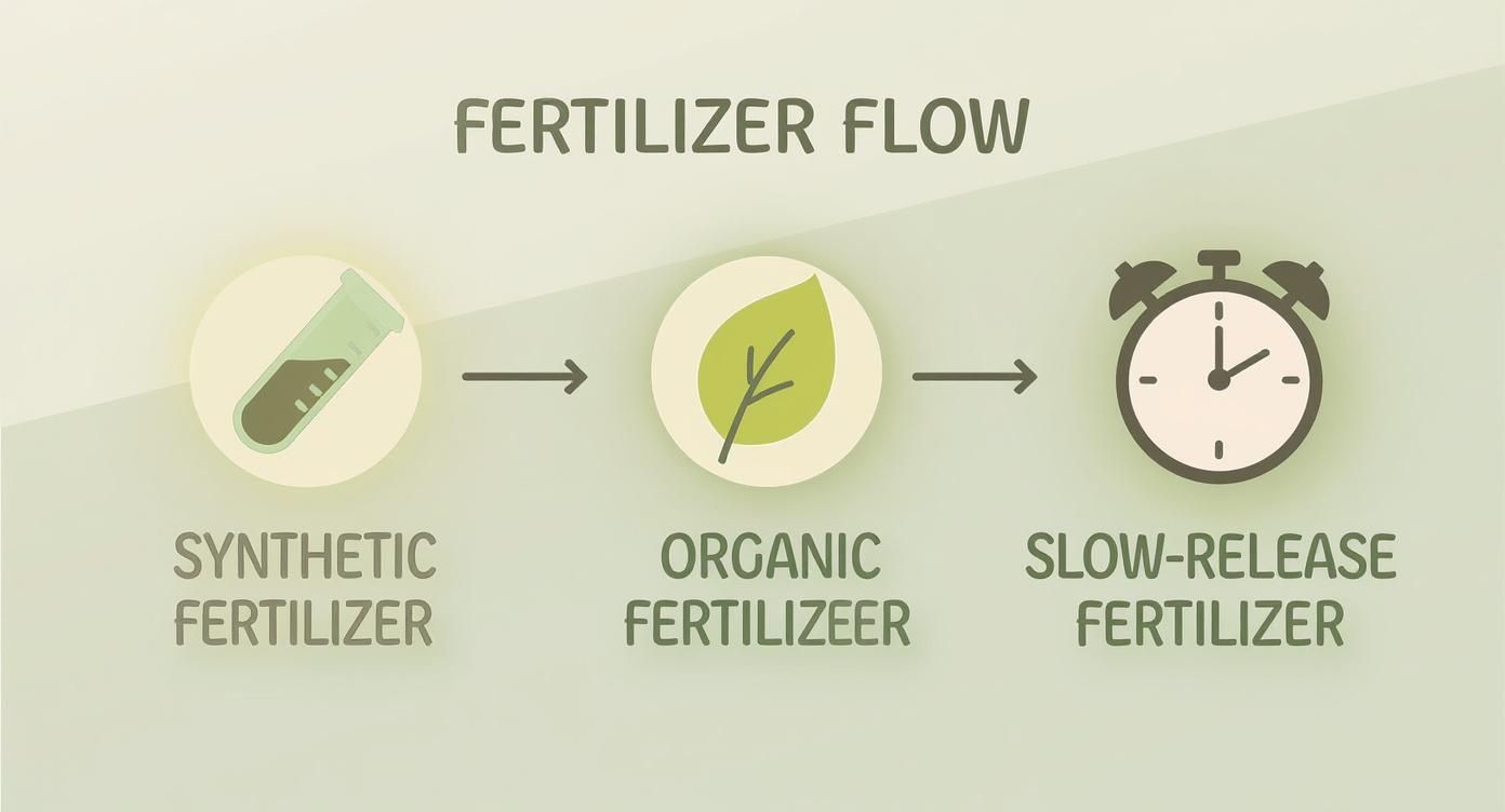Infographic showing the process flow for choosing between synthetic,organic, and slow-release fertilizers.
