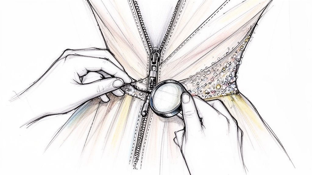 Close-up of hands carefully sewing a zipper onto a sparkling dress, using a magnifying glass for precision.