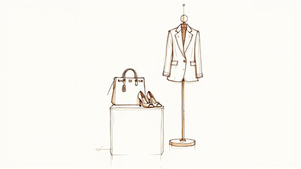 A brown sketch of a blazer on a mannequin, a handbag, and high heels on a pedestal.