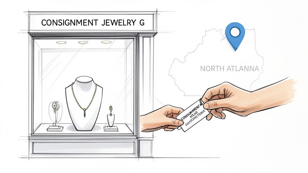 Illustration of a jewelry store display case and hands exchanging a consignment tag in North Atlanna.