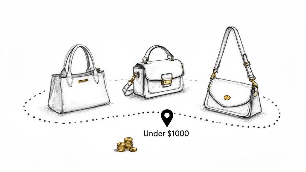 Sketches of three white handbags connected by a dotted line, with an 'Under $1000' price tag.