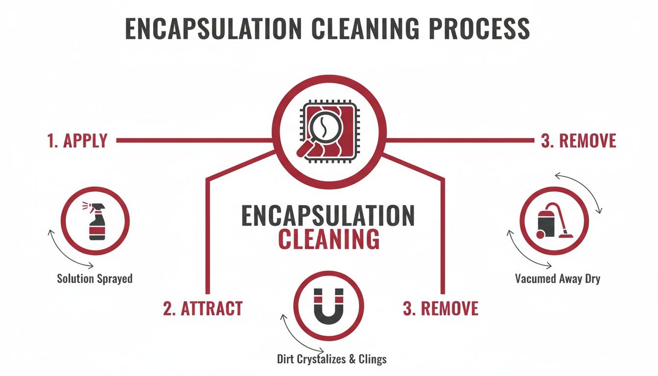 Diagram illustrating the three-step encapsulation cleaning process: apply solution, attract dirt, and vacuum removal.