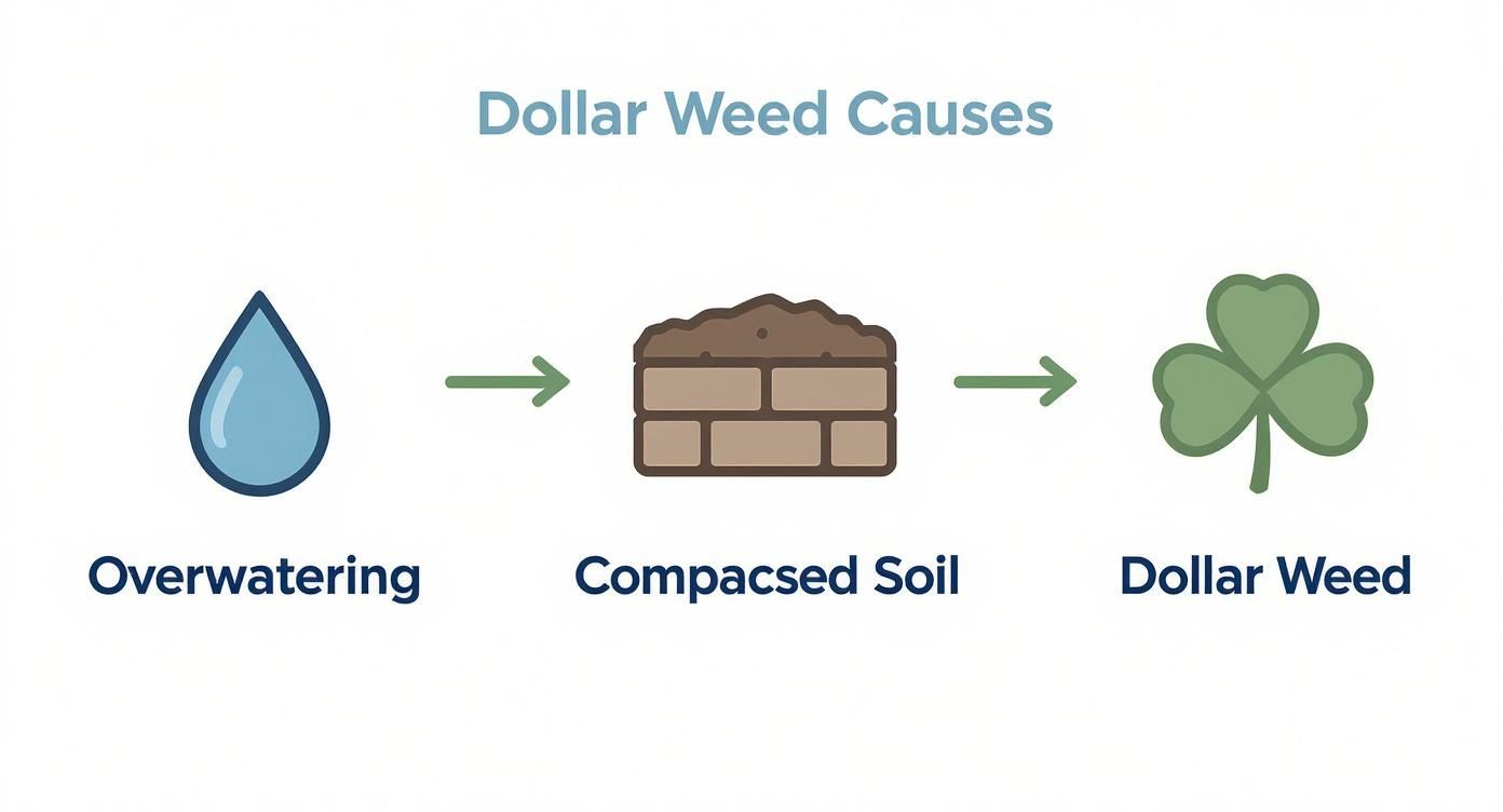 Infographic showing that overwatering leads to compacted soil, which in turn creates the perfect environment for dollar weed growth.