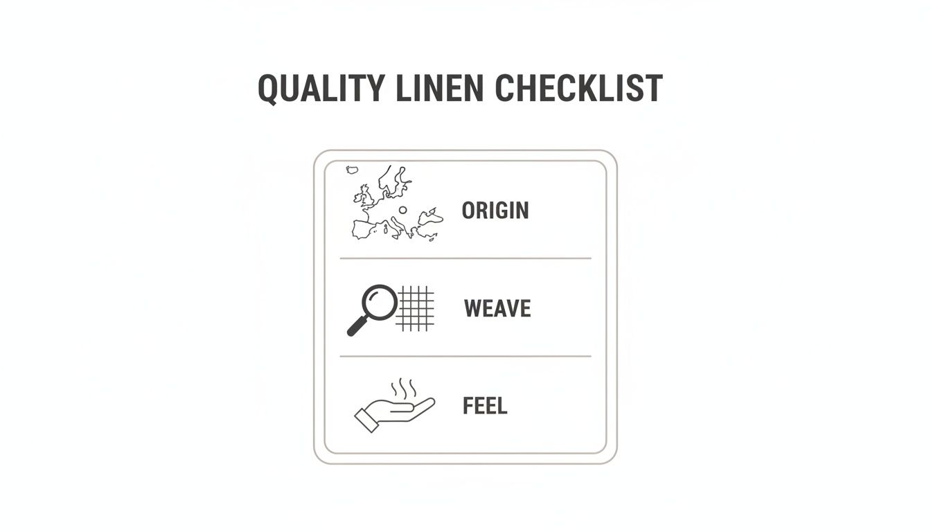 A quality linen checklist with three categories: origin (map), weave (magnifying glass), and feel (hand).