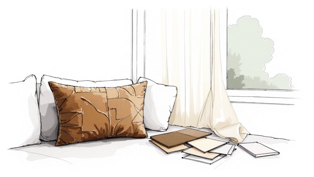 A cozy bench with patterned and white pillows, fabric swatches, by a window with sheer curtains.
