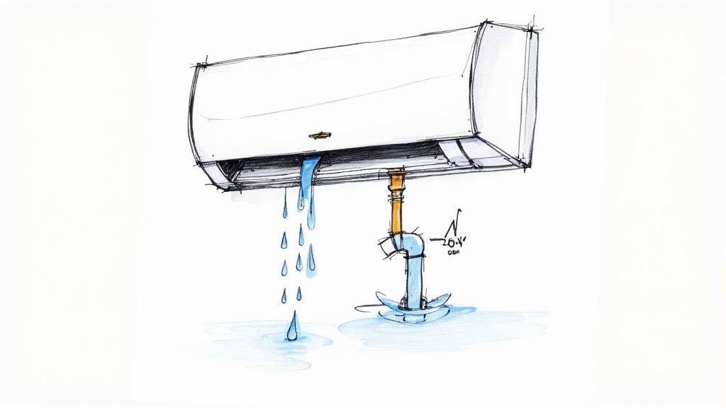 A person inspecting an AC unit with a flashlight, looking for signs of a water leak.