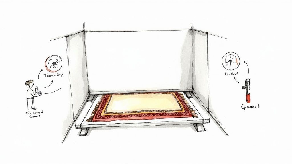 An oriental rug on a raised platform, with instruments measuring speed and gliding on either side.