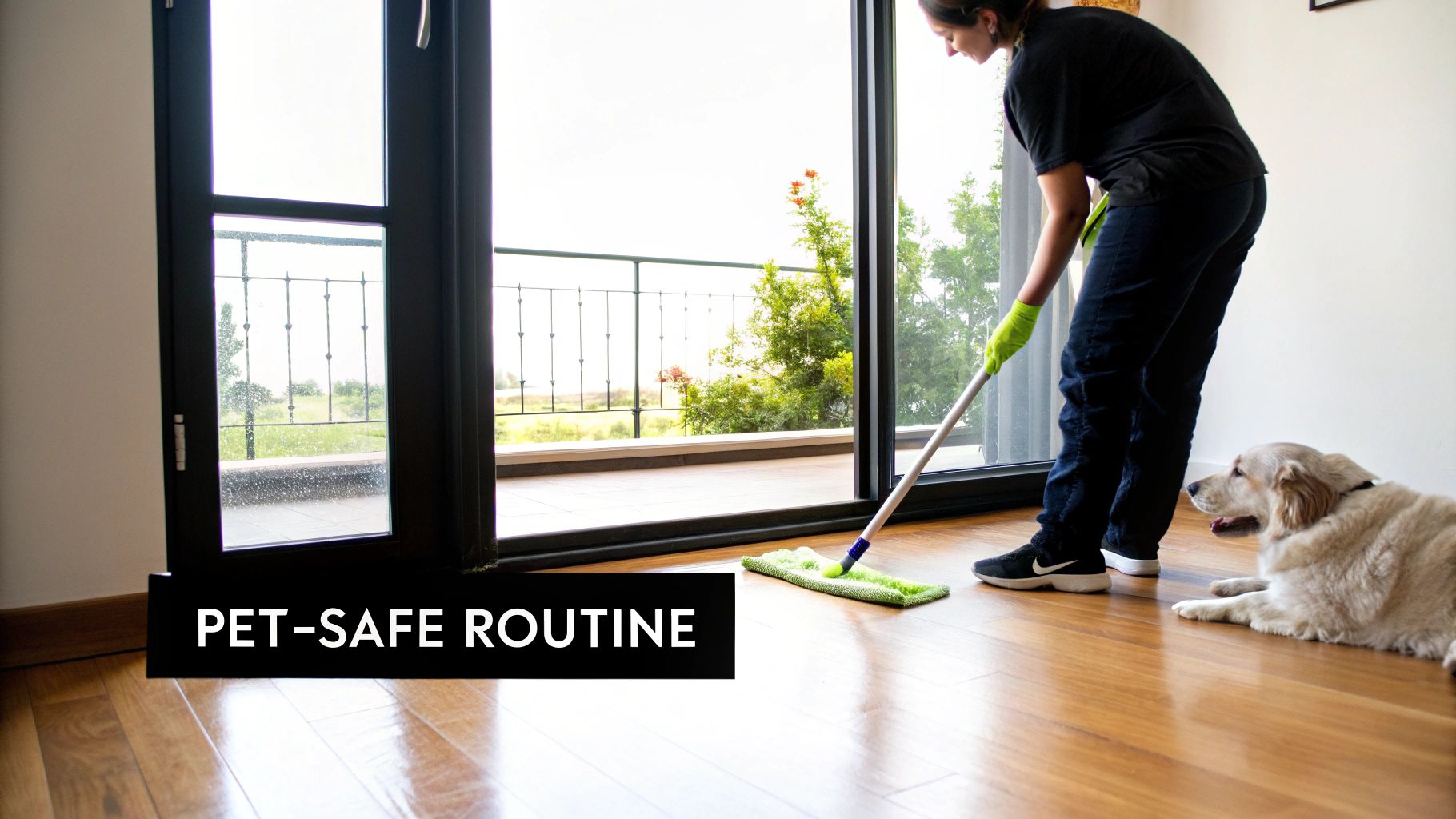 A person in green gloves mops a shiny wood floor while a golden retriever dog lies nearby, illustrating a pet-safe cleaning routine.