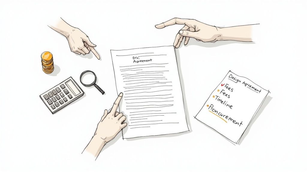 Hands reviewing an agreement document with coins, a calculator, and a design agreement checklist.