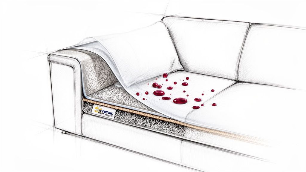 A detailed cross-section of a sofa cushion showing red liquid drops on a white, protective fabric layer.