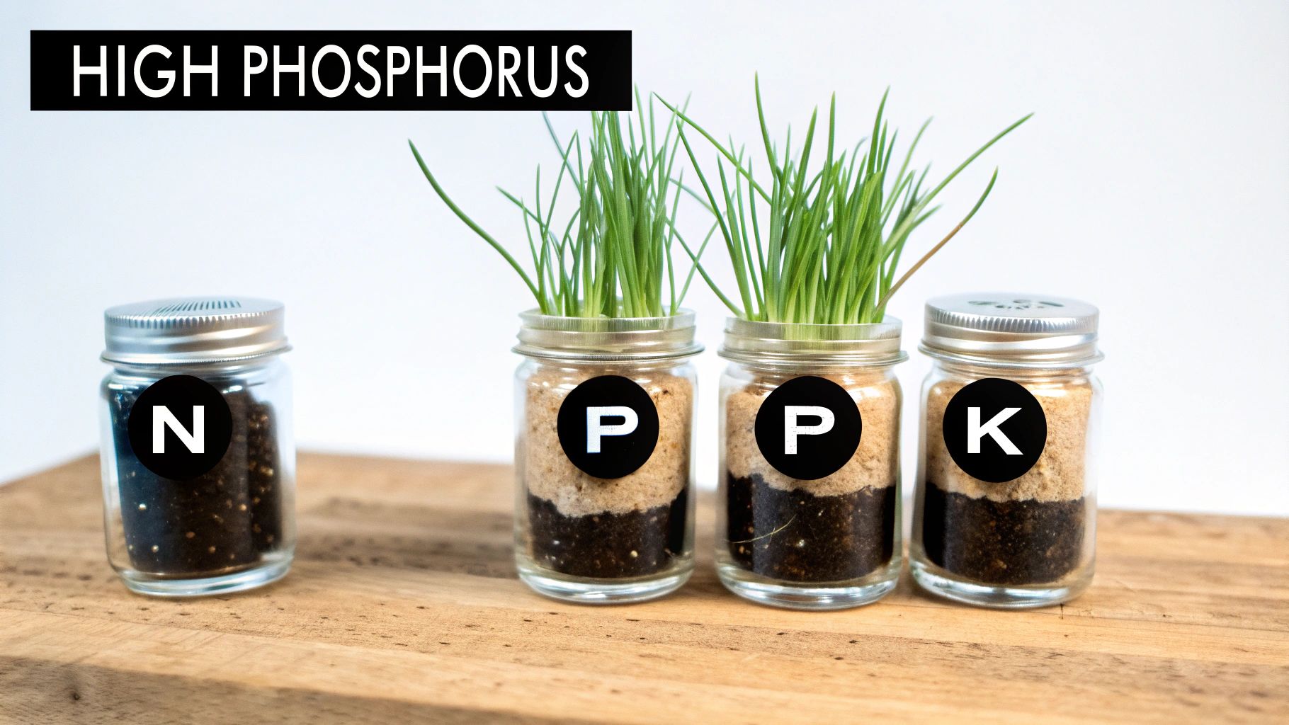 Jars labeled N, P, K with soil and growing grass, illustrating high phosphorus fertilizer effects.