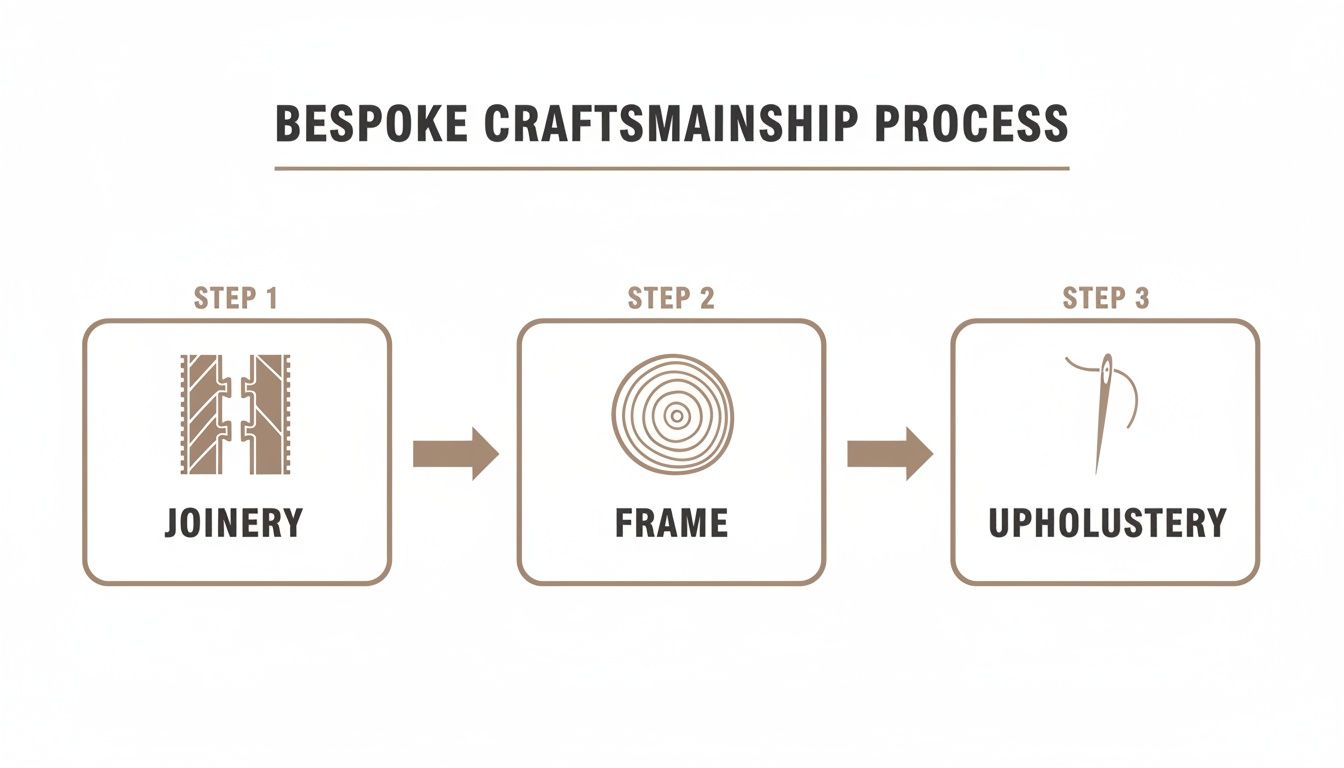 A visual diagram illustrating the three-step bespoke craftsmanship process: joinery, frame construction, and upholstery.