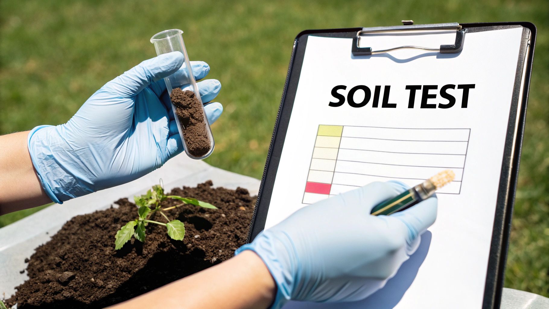 Hands holding rich soil with a small green plant sprouting from it.
