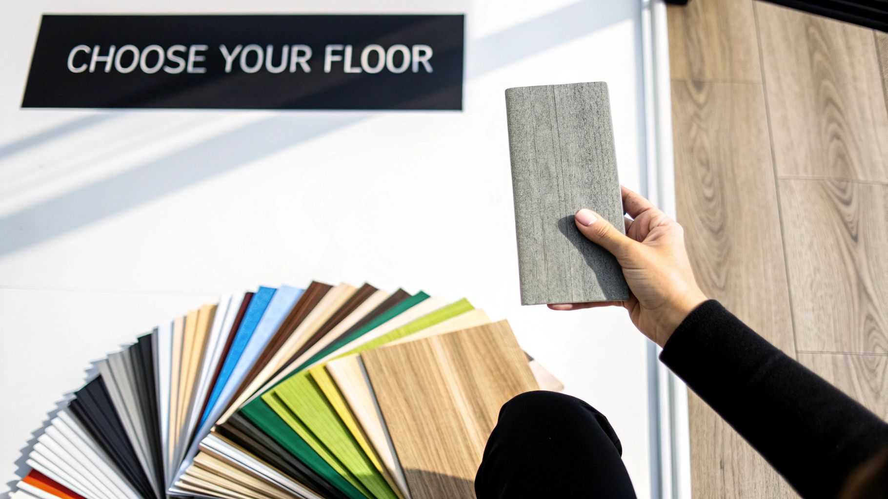 Hand holding a grey flooring sample above a colorful array of floor swatches for selection.