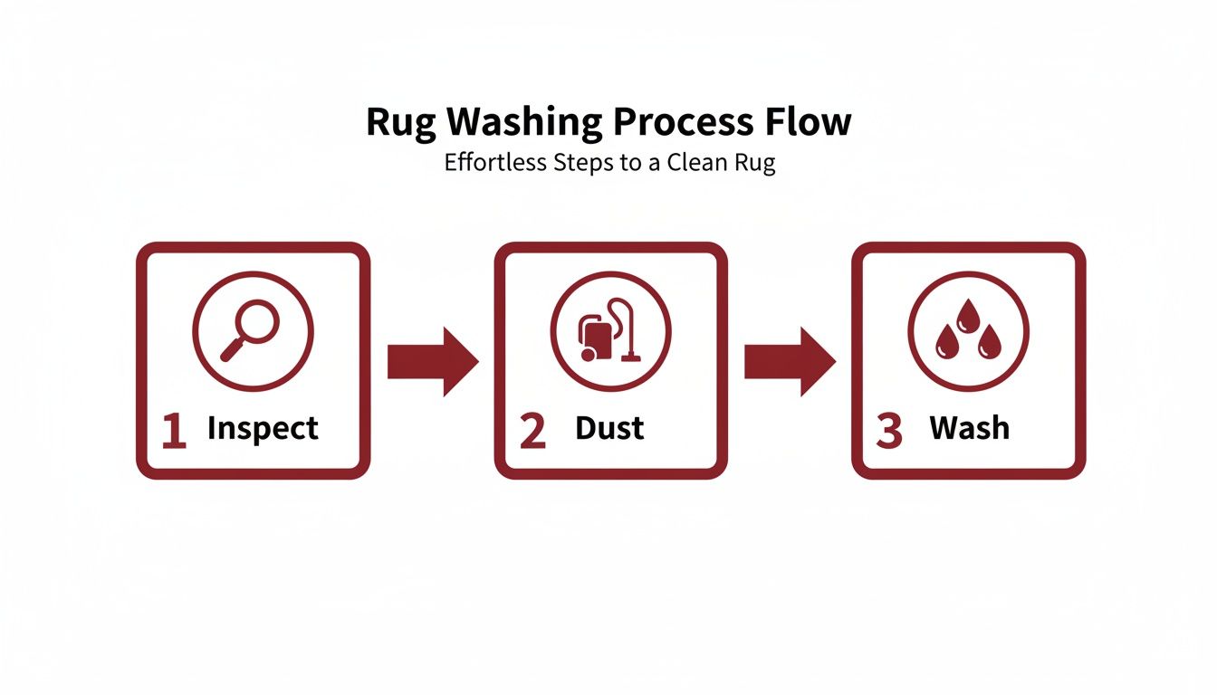 Diagram illustrating the three-step rug washing process: inspect, dust, and wash.
