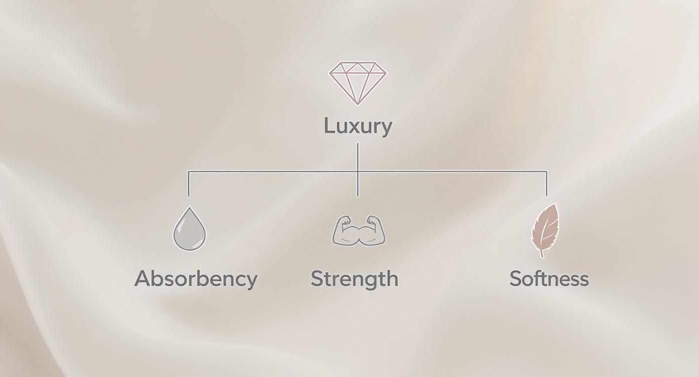 Diagram illustrating luxury as a combination of absorbency, strength, and softness, with icons.