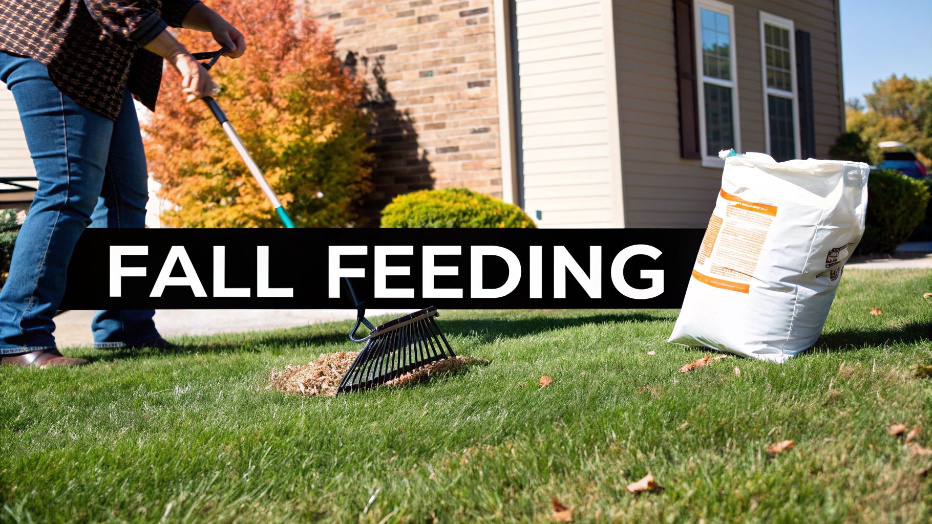 A person rakes a green lawn in autumn, with a fertilizer bag and "FALL FEEDING" text.
