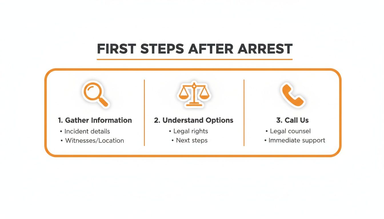 Infographic detailing first steps after an arrest: gather information, understand options, and call legal support.