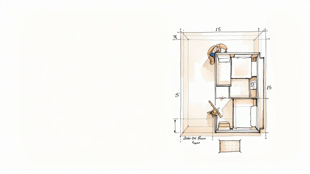 An architectural sketch illustrating a compact living space design with furniture, a loft bed, and a small person.