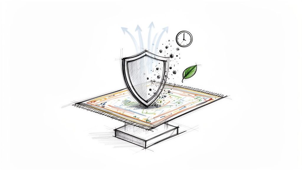 A detailed sketch illustrates a shield protecting a patterned area rug from rising dirt and dust.