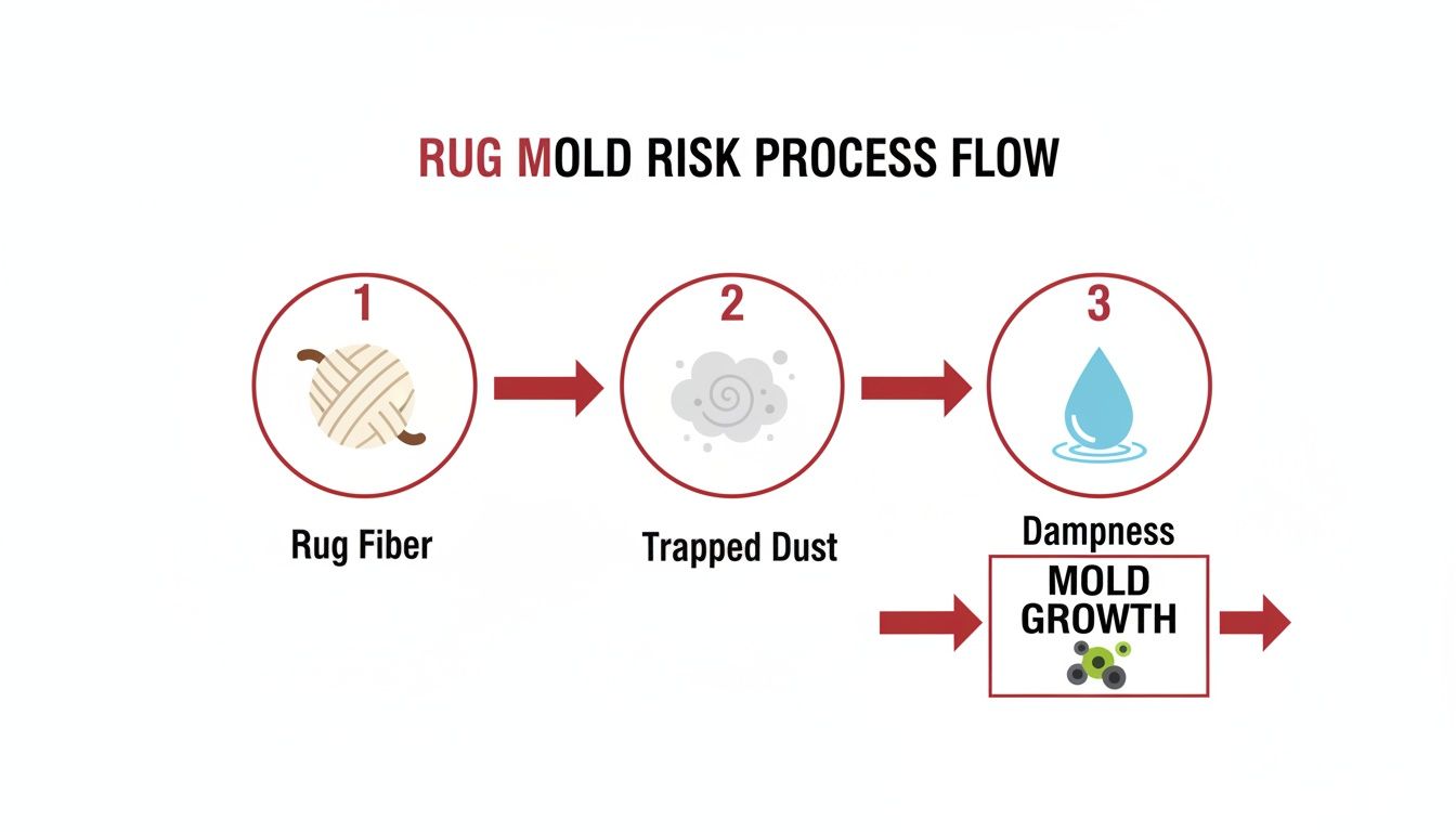 A process flow diagram shows rug fiber, trapped dust, and dampness lead to mold growth.