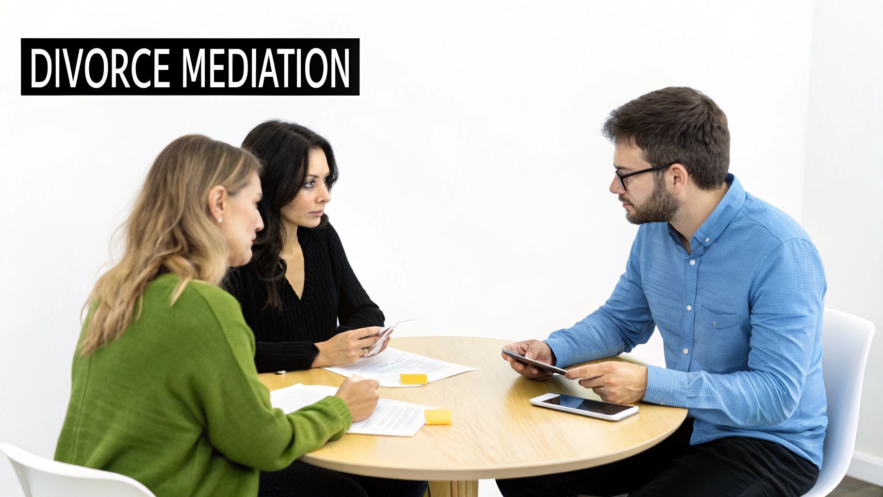 Three people, two women and a man, engaged in a divorce mediation session with documents on a table.