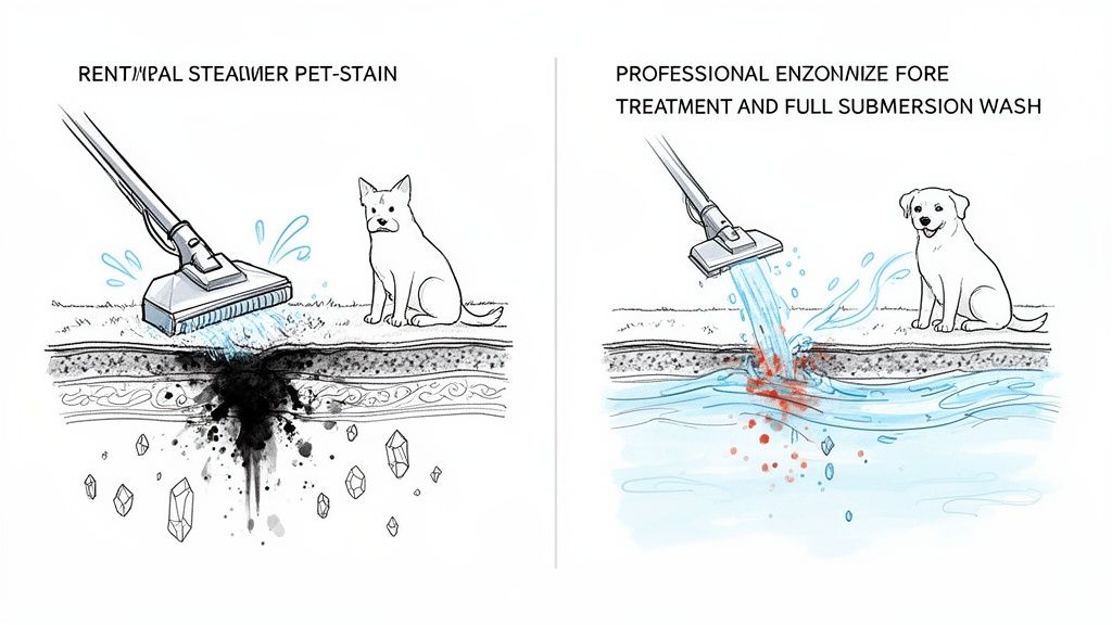 Two illustrations compare pet stain cleaning: rental steamer pushes stain deeper, while professional full submersion wash removes it.