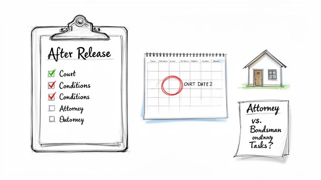 A legal checklist for after release, court calendar, and a note comparing attorney and bondsman tasks.