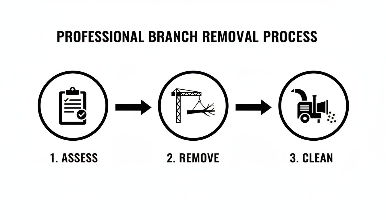 Diagram illustrating a professional three-step branch removal process: assess, remove with a crane, and clean with a wood chipper.