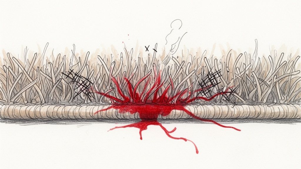 Close-up of a beige carpet with a large, vibrant red blood stain spreading outward.