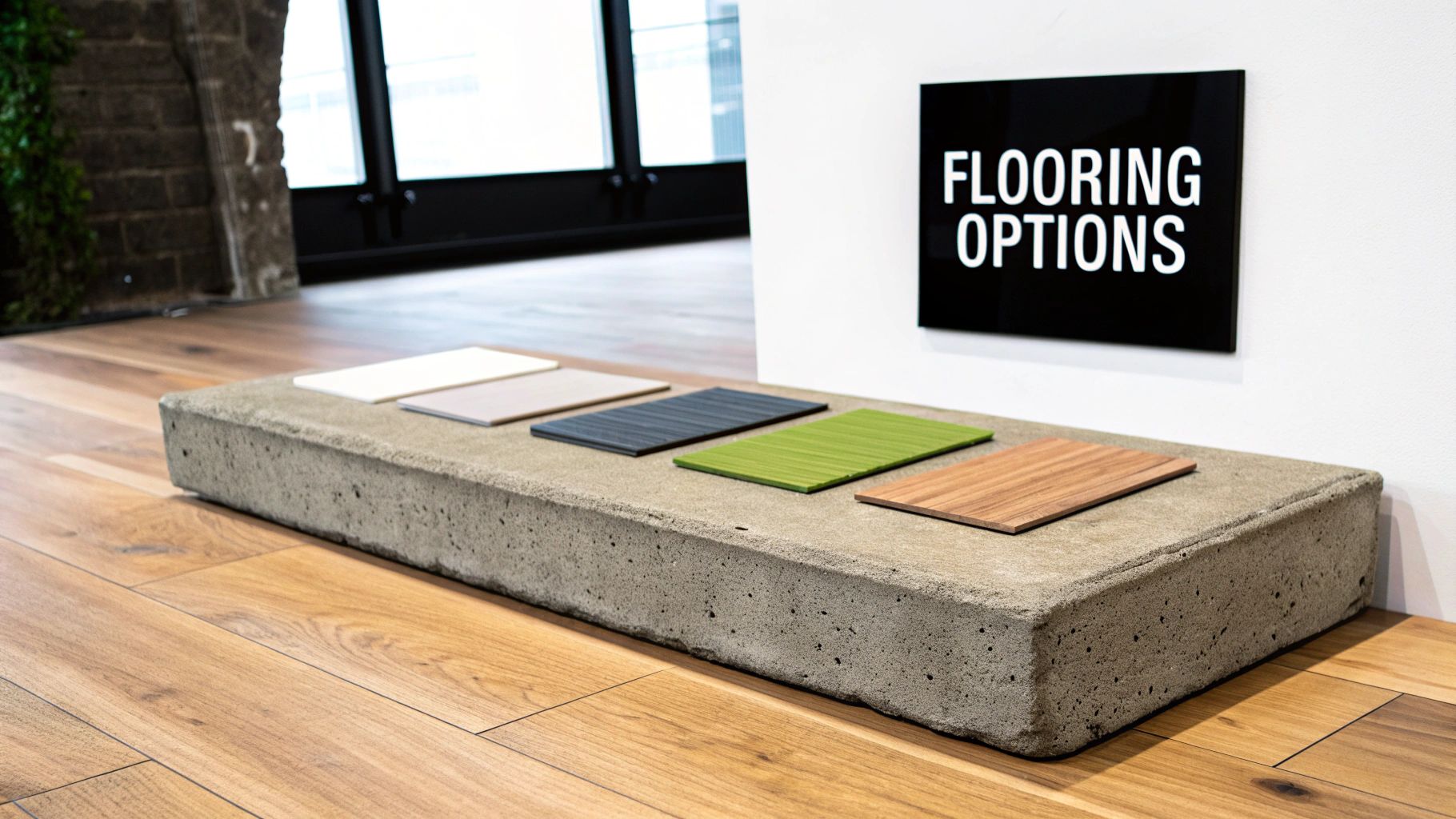 A concrete display showcases various flooring options including wood, green, and different shades of grey.