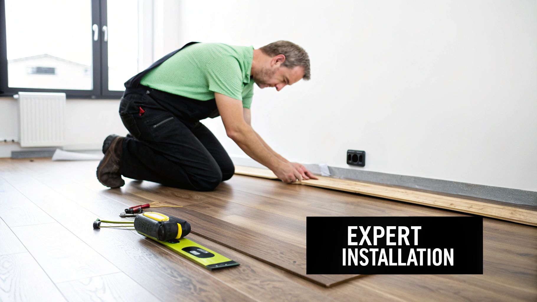 A professional man in overalls is expertly installing new wood flooring in a room, with tools nearby.
