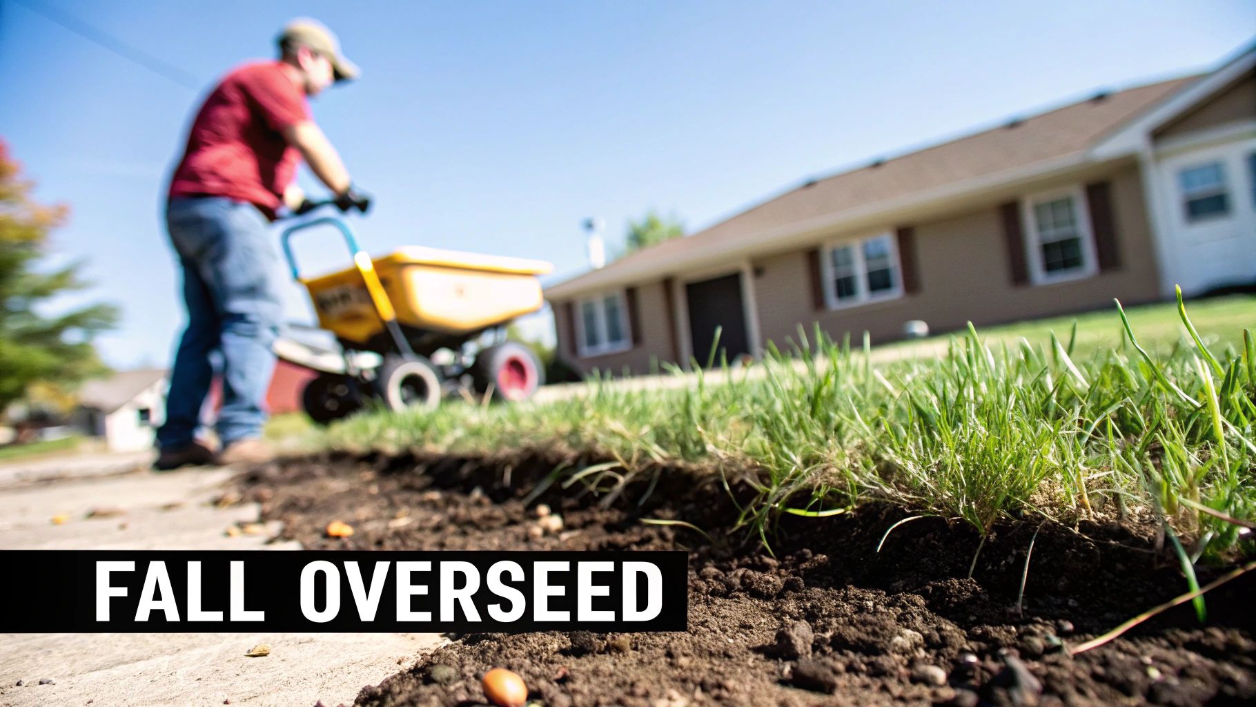 Man using a seed spreader on a lawn, preparing the soil for fall overseeding near a house.