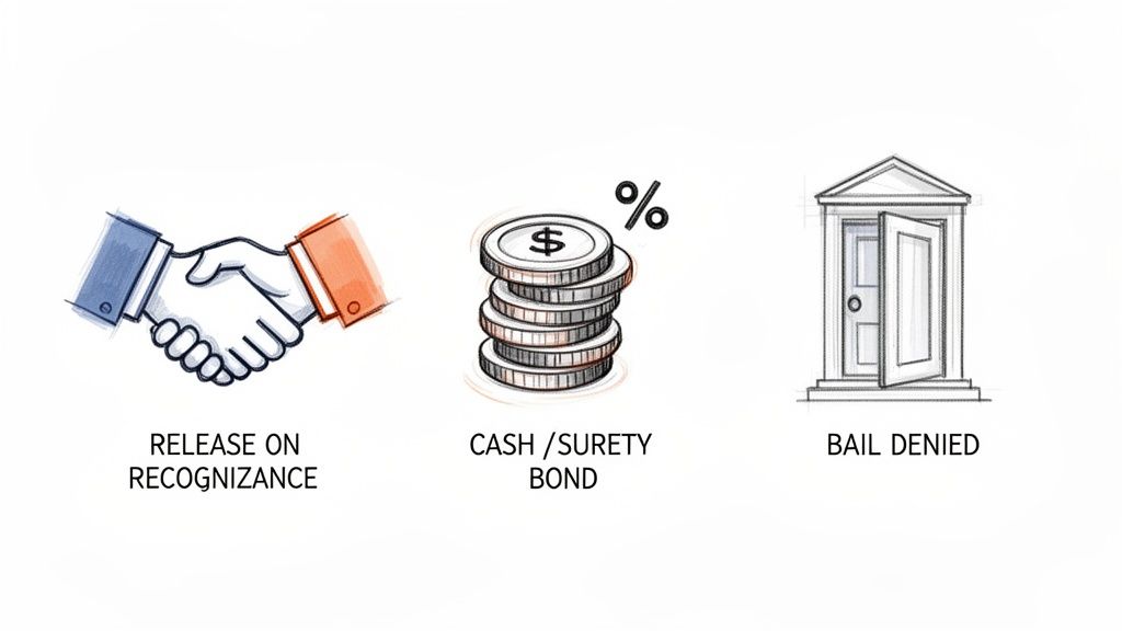 Three legal outcomes for bail hearing: release on recognizance (handshake), cash/surety bond (coins), or bail denied (closed door).