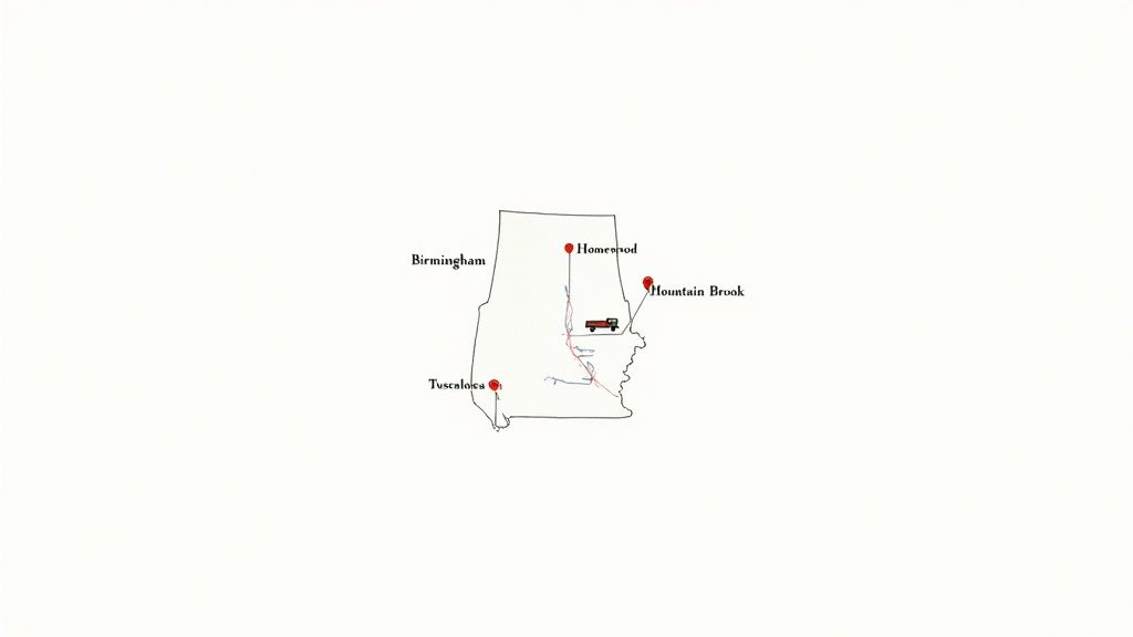 Map of Alabama highlighting cities Homewood, Birmingham, Tuscaloosa, Mountain Brook, and a red truck.