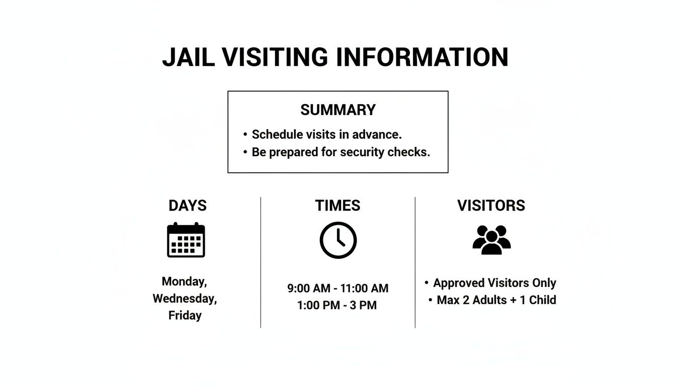Jail visiting information details visiting days (Monday, Wednesday, Friday), times, and visitor requirements.