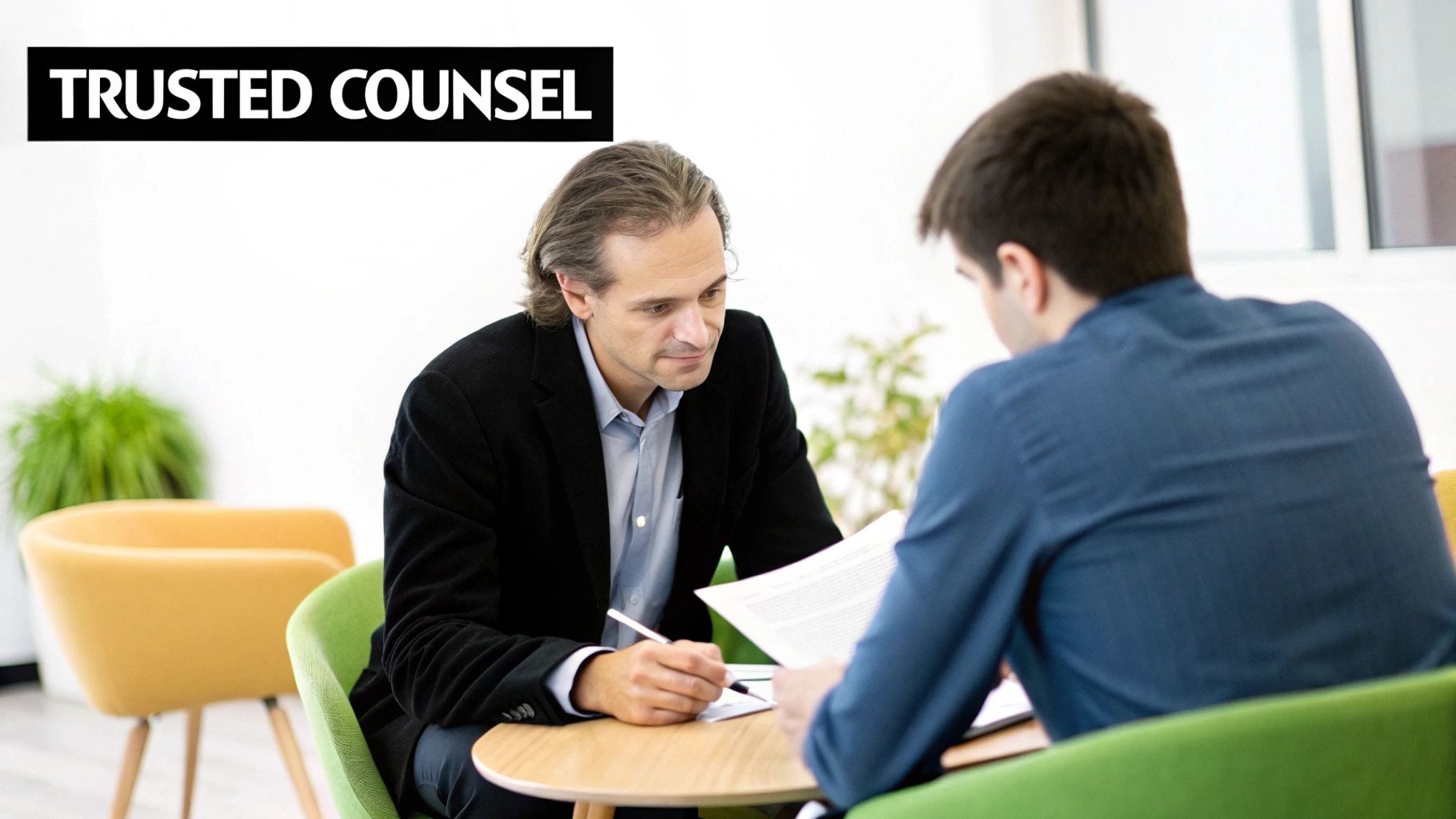 A professional consultant explains legal documents to a client in a bright, modern office setting.