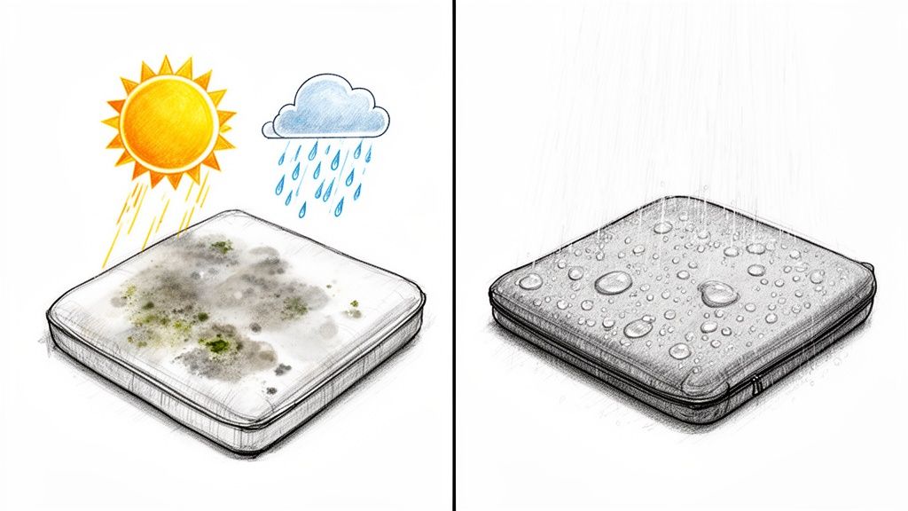 Two images compare a moldy mattress exposed to weather with a clean, waterproof mattress cover shedding water.