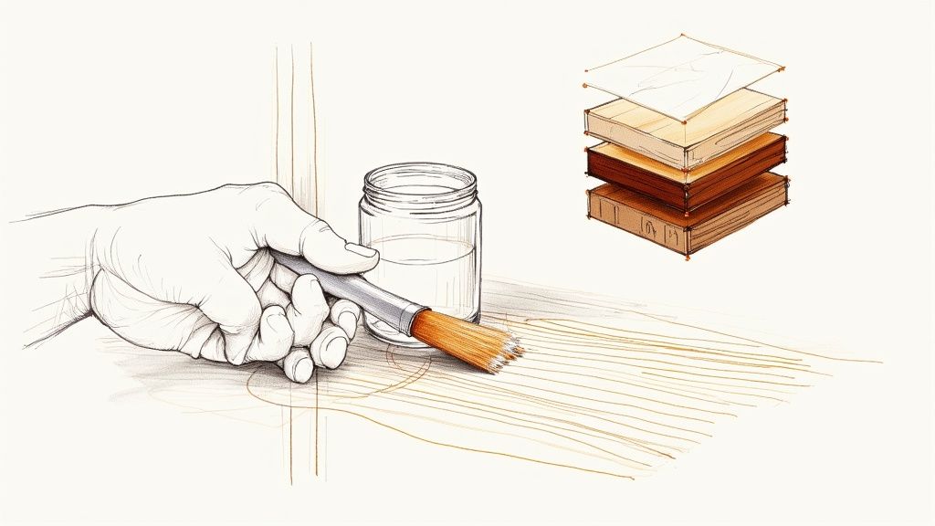 A detailed drawing of a hand applying wood finish with a brush, next to a jar and stacked wood layers.