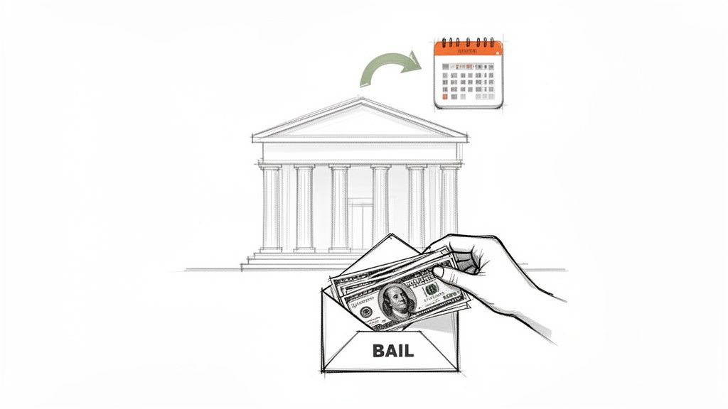 A hand places bail money into an envelope in front of a courthouse, pointing to a calendar.
