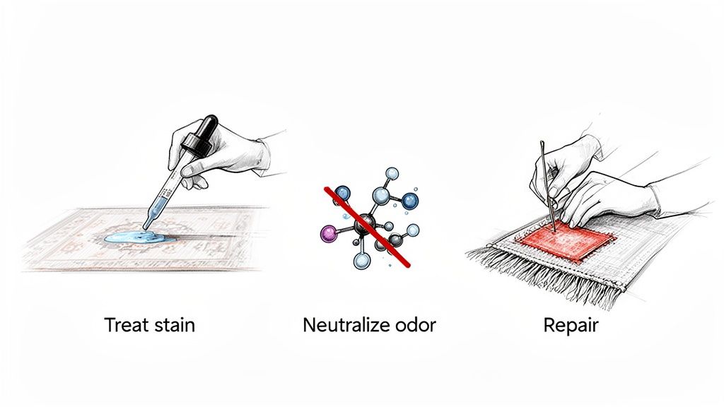 Illustration showing three steps of professional rug care: treating stains, neutralizing odors, and repairing.