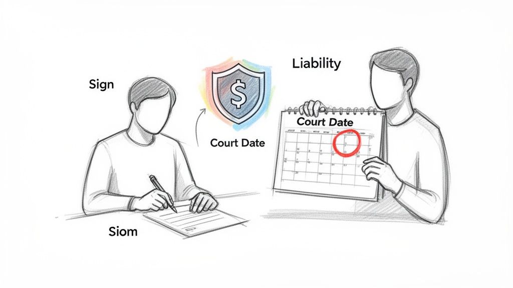 Illustration of a person signing a document, a money shield, and a calendar marking a court date.