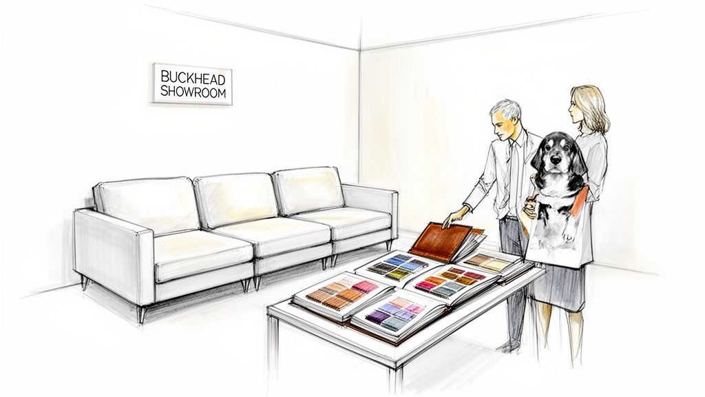 Illustration of a couple with their dog in a showroom, choosing sofa fabric samples.
