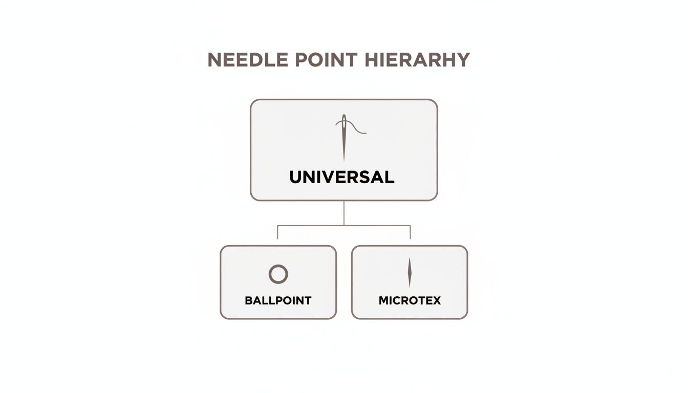 A diagram titled 'Needle Point Hierarchy' showing Universal needles branching into Ballpoint and Microtex types.