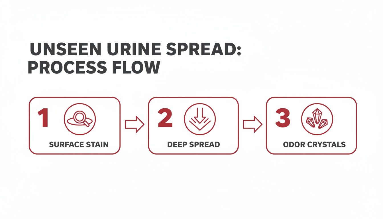 Diagram illustrating the three-step process of unseen urine spread: surface stain, deep spread, and odor crystals.