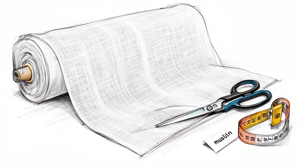 A roll of white muslin fabric with scissors, a measuring tape, and a 'muslin' tag.
