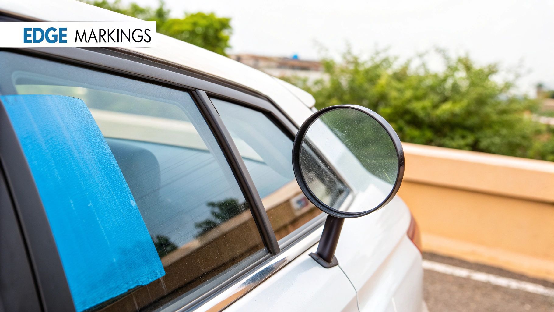A close-up of a white car's side, showing a round mirror and a window with blue tint material.
