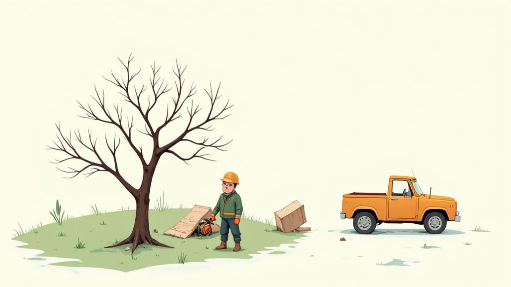 An arborist safely cutting down a leafless tree in winter with firm ground below.