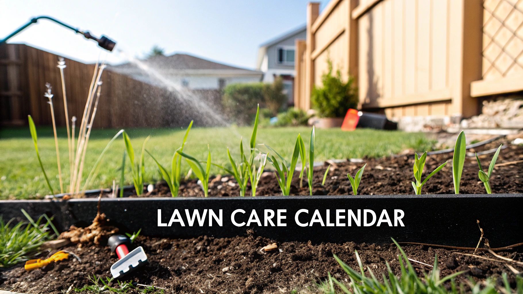 A close-up of young plants in a garden bed with a lawn sprinkler and 'LAWN CARE CALENDAR' text.